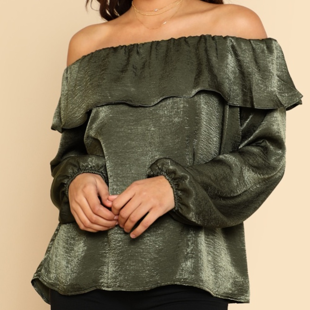 Olive silk off the shoulder top